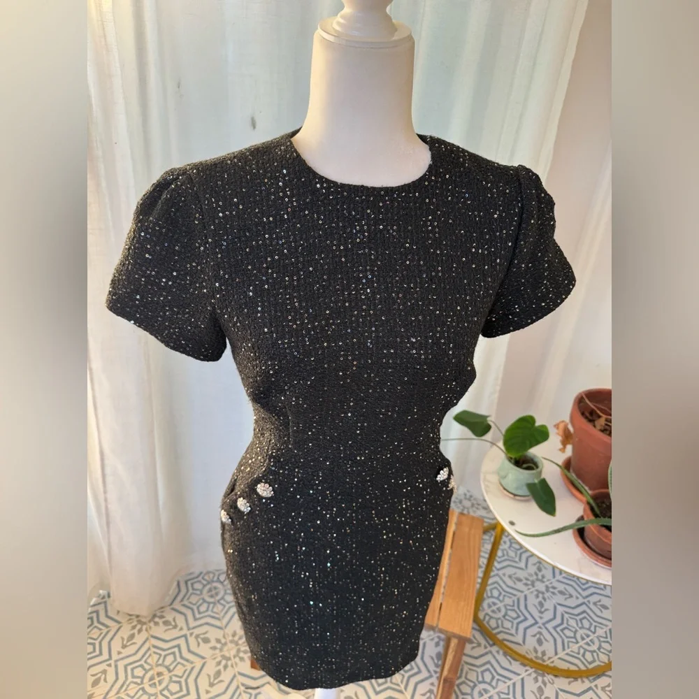 Ann Taylor Sparkle Sequin Tweed Sheath Dress Black Size 0 — Button Trim - Picture 5 of 9